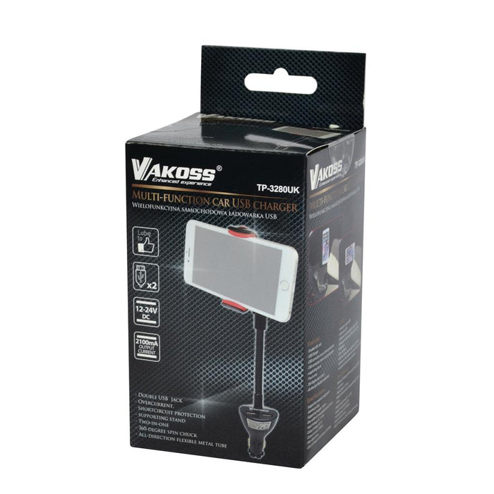 VAKOSS Daugiafunkcinis automobilinis USB TP-3280UK įkroviklis su laikikliu 2xUSB