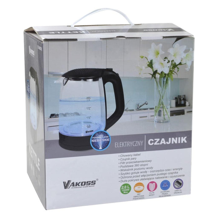 Elektrinis virdulys Vakoss EK-W607K | 2l, 2200W | stiklo, juodas