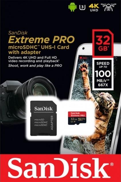 SANDISK EXTREME PRO microSDHC 32GB 100/90 MB/s A1 C10 V30 UHS-I U3