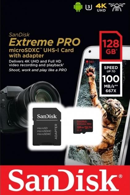 SANDISK EXTREME PRO microSDXC 128GB 100/90 MB/s A1 C10 V30 UHS-I U3