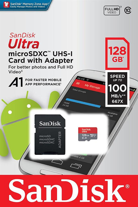 SANDISK ULTRA ANDROID microSDXC 128 GB 100MB/s A1 Cl.10 UHS-I + ADAPTER