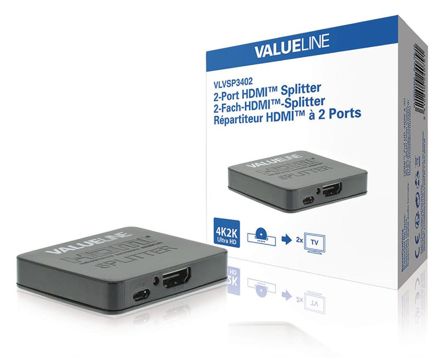 Dviejų prievadų šakotuvas: 1 HDMI įvestis, 2 HDMI išvestys, juodas