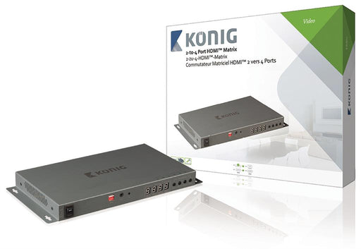 2–4 prievadų HDMI matrica, 2 HDMI įvestys – 4 HDMI išvestys, tamsiai pilka